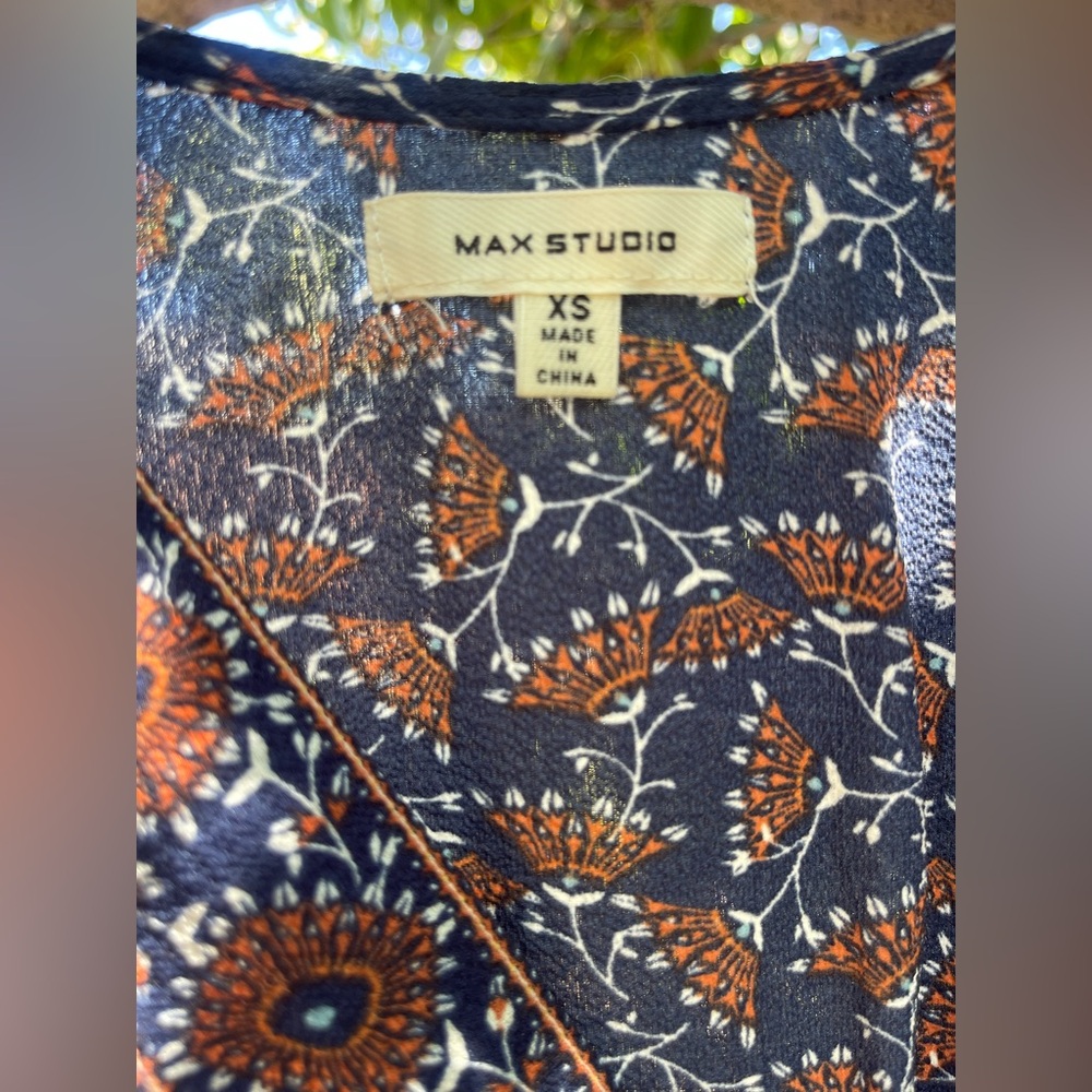 Max Studio Dark Blue Blouse with Orange Floral Pattern